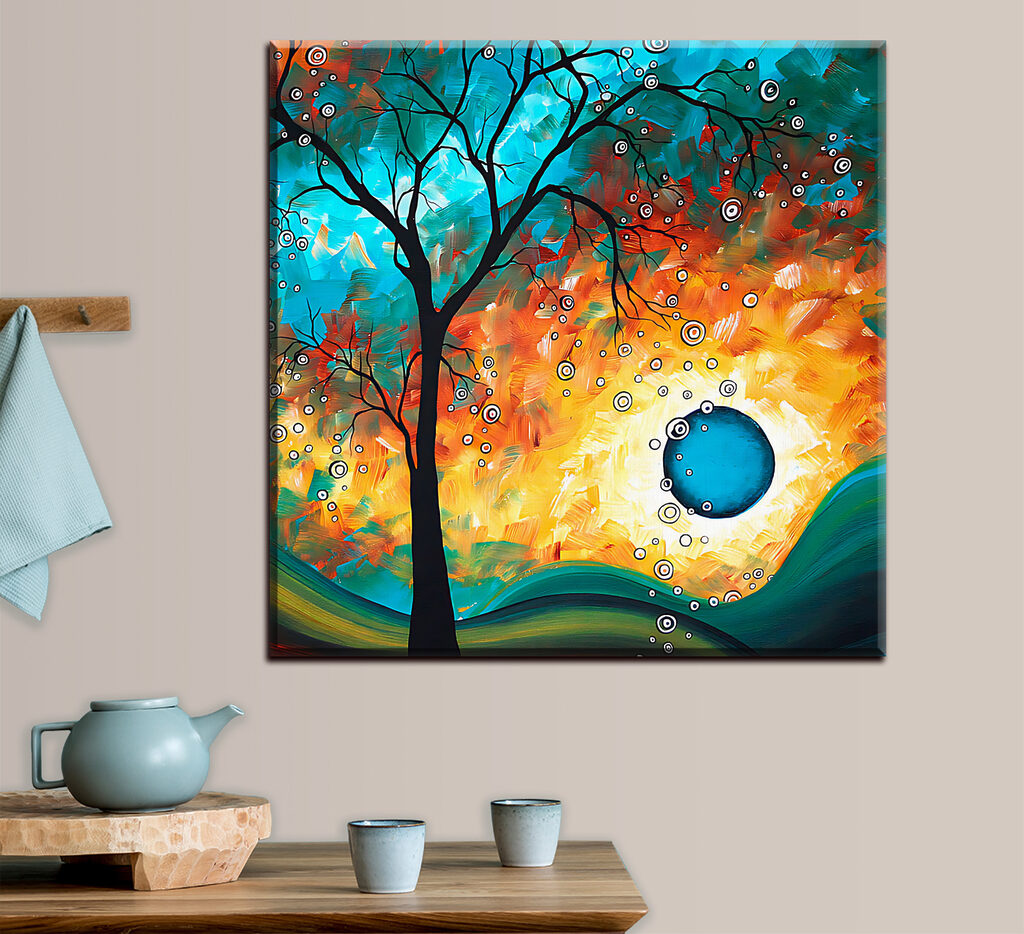 A painting of a tree and a sunset