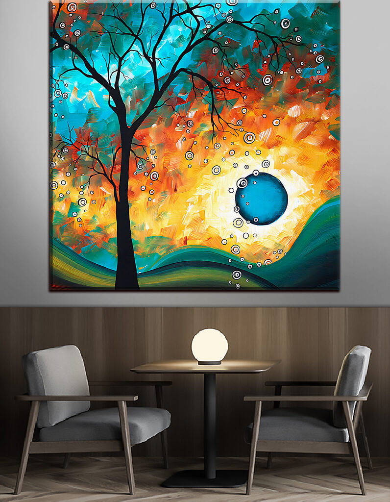 A painting of a tree and a sunset