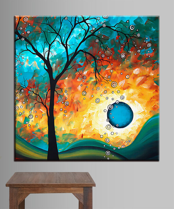 A painting of a tree and a sunset