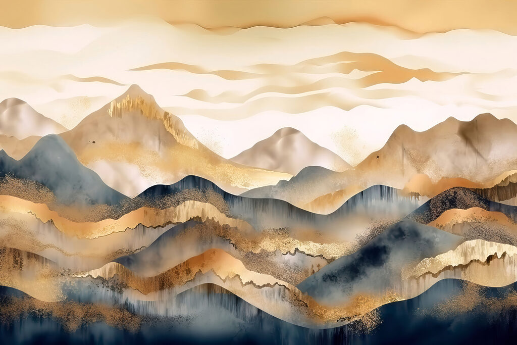 A painting of mountains and fog