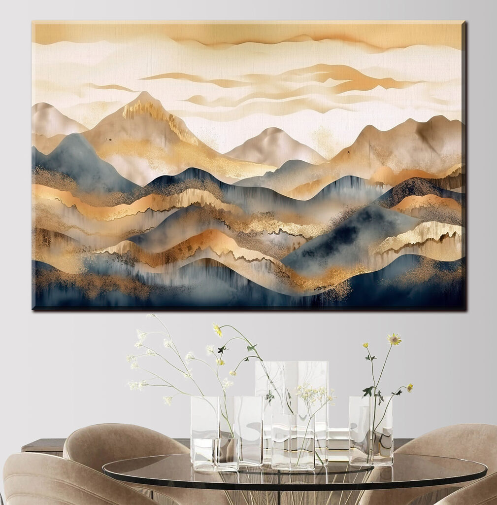A painting of mountains and fog