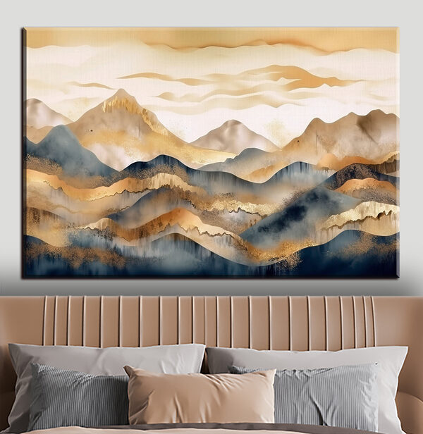 A painting of mountains and fog