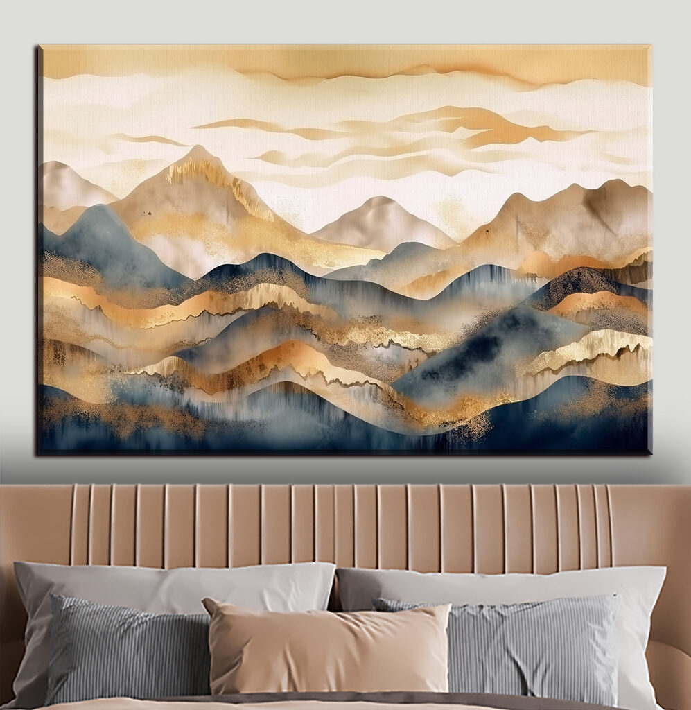 A painting of mountains and fog