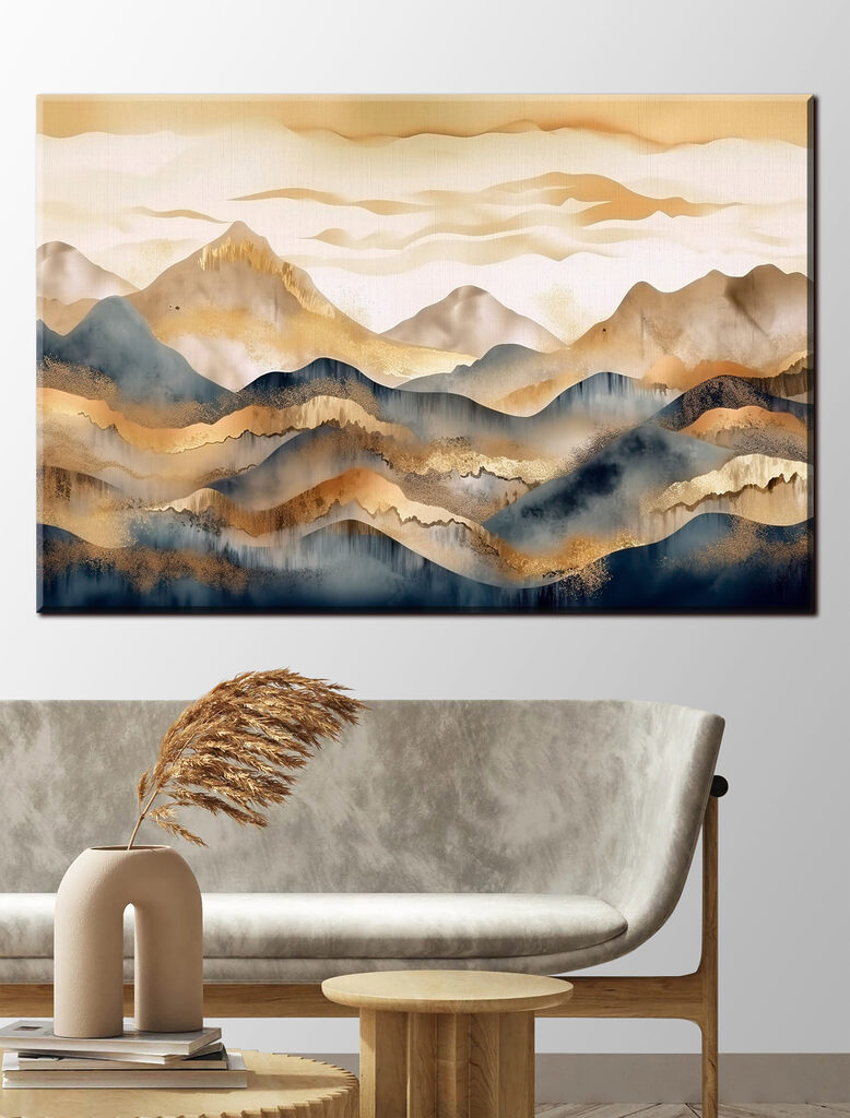 A painting of mountains and fog