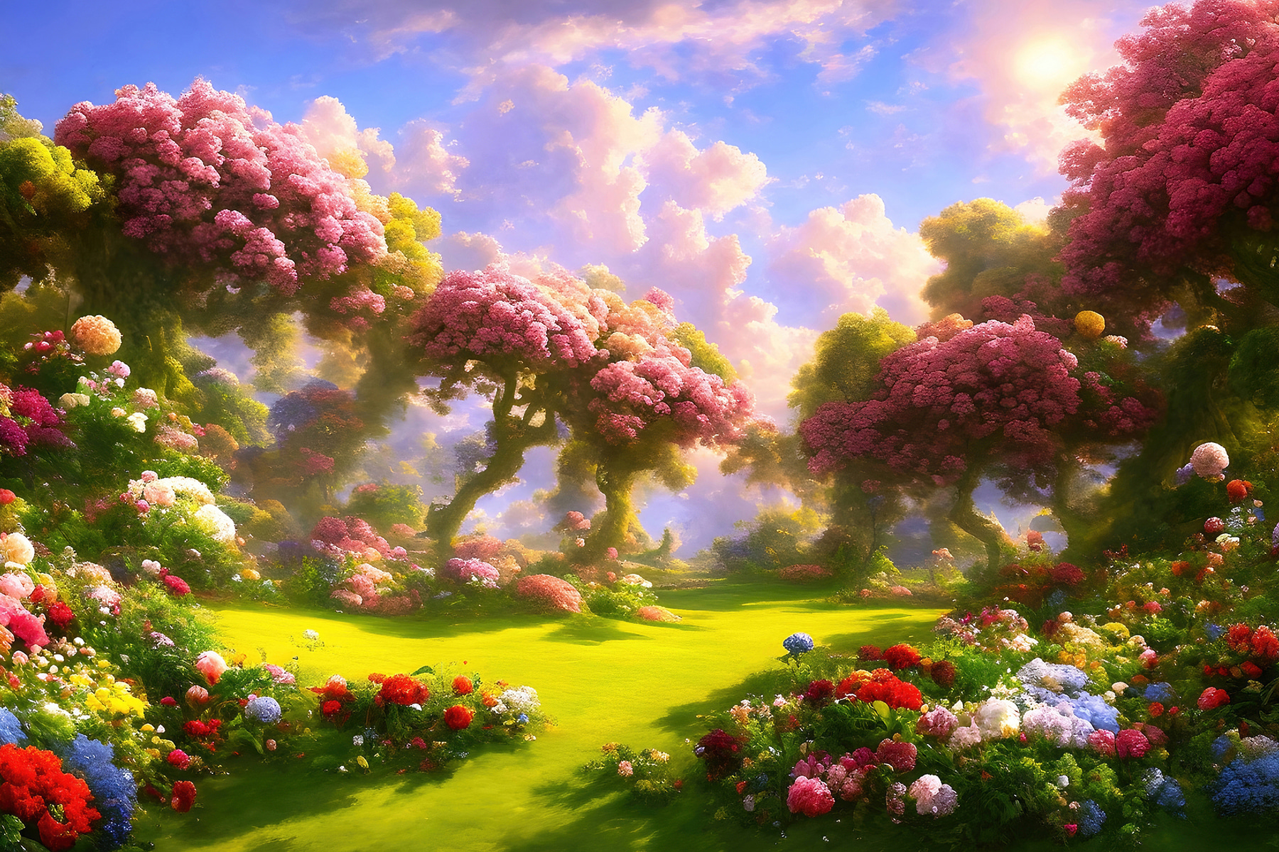 A landscape with trees and flowers