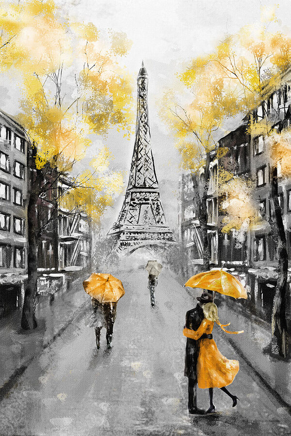 A painting of a street with people walking under an umbrella