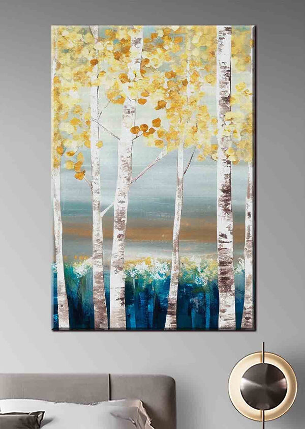 A painting of trees with yellow leaves