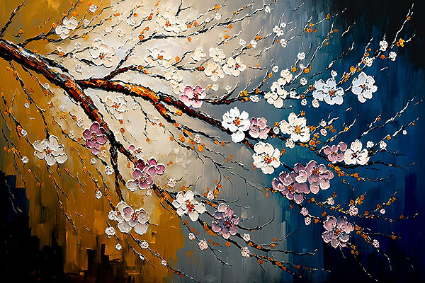 A painting of a tree branch with flowers
