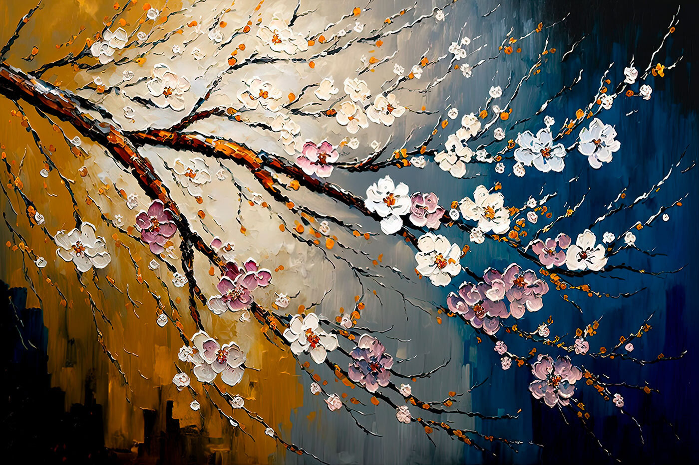 A painting of a tree branch with flowers