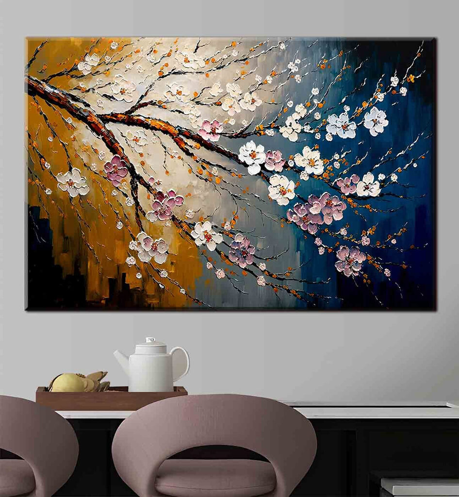 A painting of a tree branch with flowers