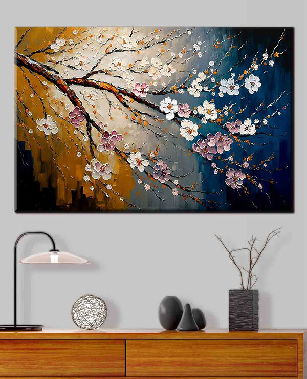 A painting of a tree branch with flowers