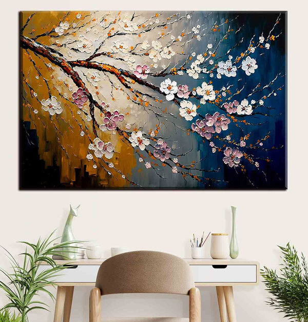 A painting of a tree branch with flowers
