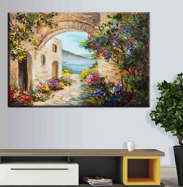 Cuadros Un cuadro que representa un arco de piedra con flores y un camino de piedra