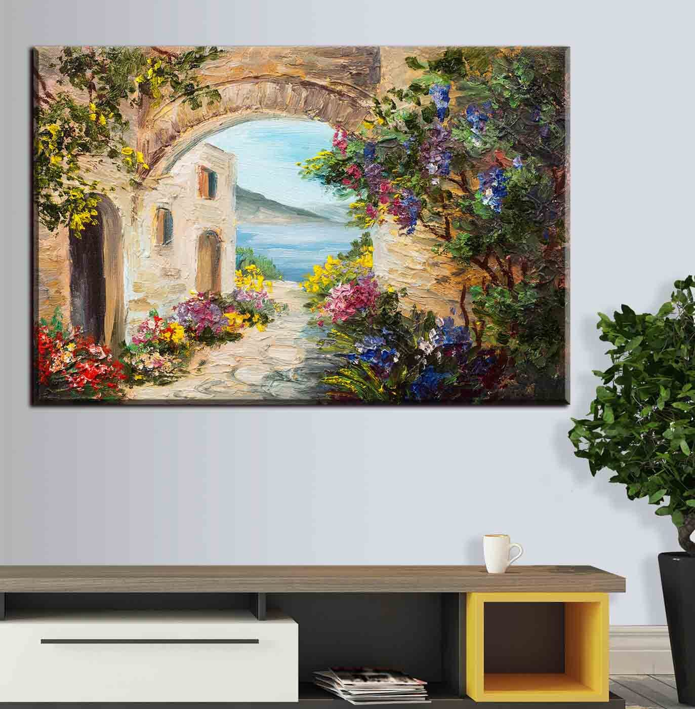 A painting of a stone archway with flowers and a stone path