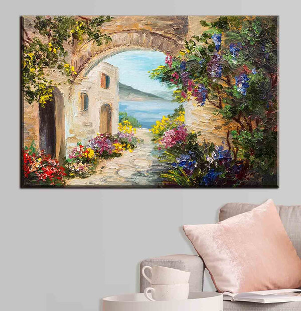 A painting of a stone archway with flowers and a stone path