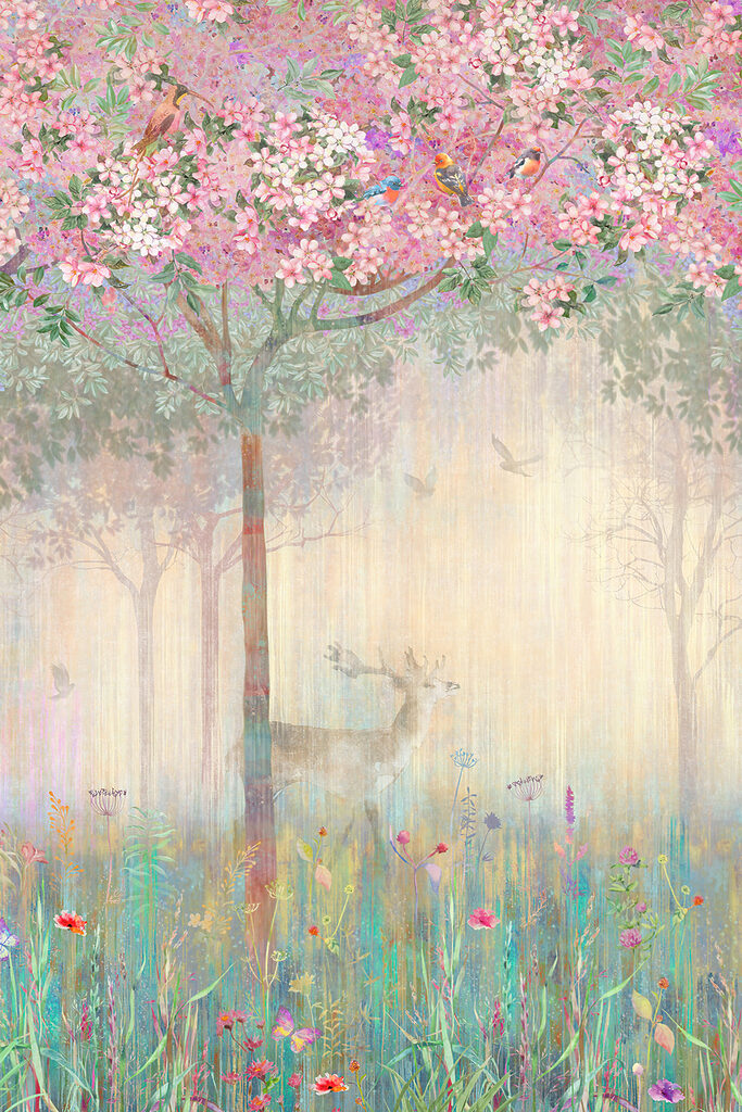 A painting of a deer in a field of flowers