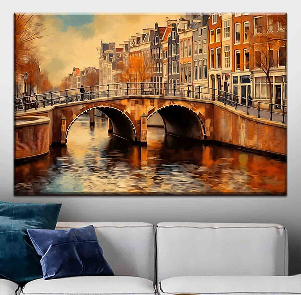 A bridge over a river with buildings in the background A bridge over a river with buildings in the background