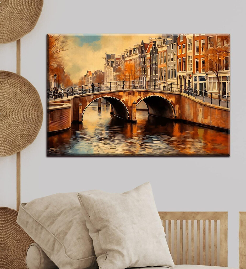A bridge over a river with buildings in the background A bridge over a river with buildings in the background