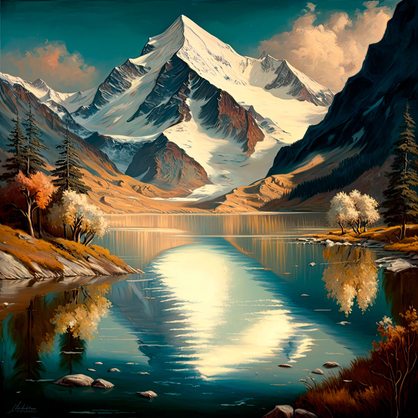 A mountain lake with trees and a snowy mountain