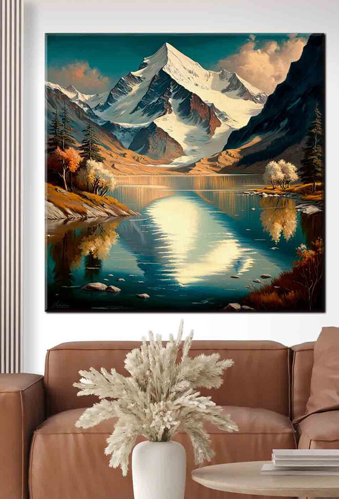 A mountain lake with trees and a snowy mountain