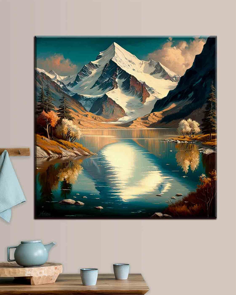 A mountain lake with trees and a snowy mountain