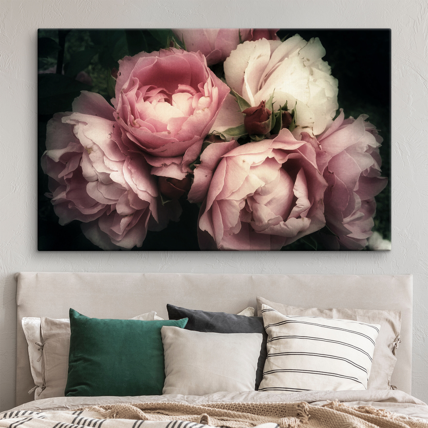 A group of pink and white roses