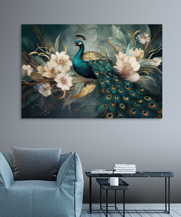 Cuadros Un pavo real posado en una rama con flores (SKU: s34866) Cuadros Cuadros Un pavo real posado en una rama con flores (SKU: s34866)