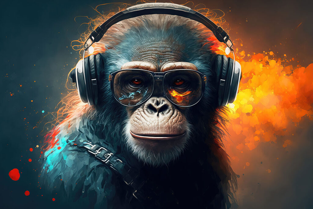 A monkey wearing headphones and sunglasses A monkey wearing headphones and sunglasses
