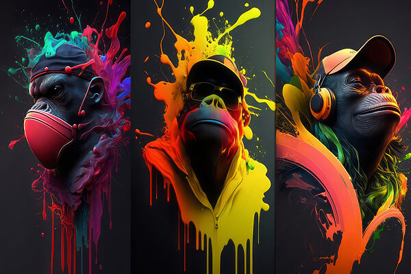 A collage of images of a monkey with colorful paint splashes