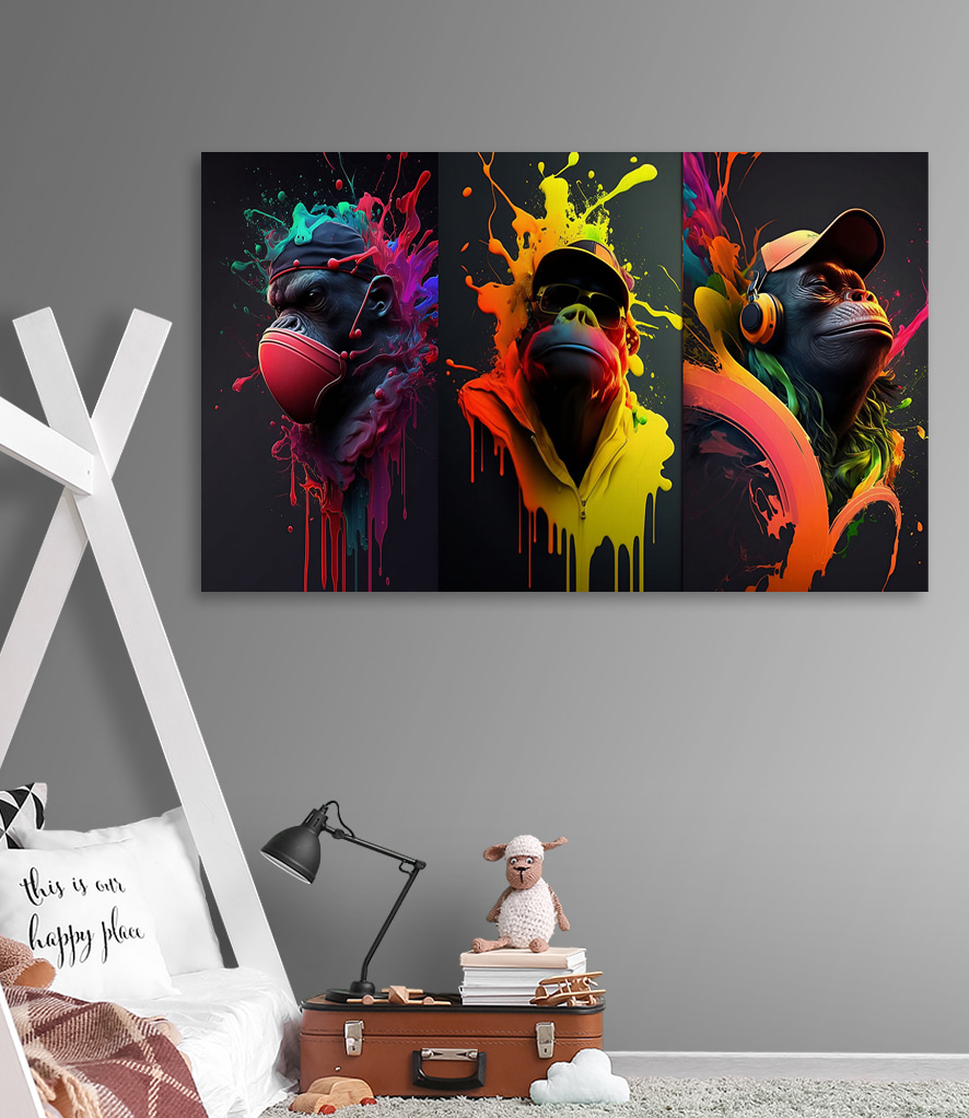 A collage of images of a monkey with colorful paint splashes
