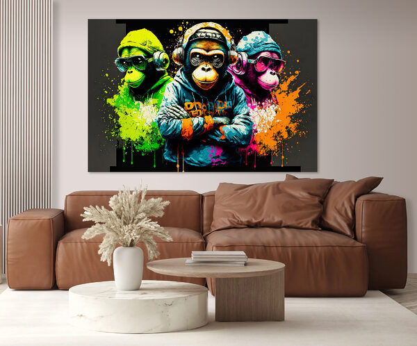 Cuadros Un grupo de monos con auriculares y sudaderas con capucha (SKU: s34887) Cuadros Cuadros Un grupo de monos con auriculares y sudaderas con capucha (SKU: s34887)