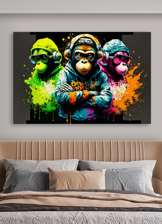 A group of monkeys wearing headphones and hoodies A group of monkeys wearing headphones and hoodies