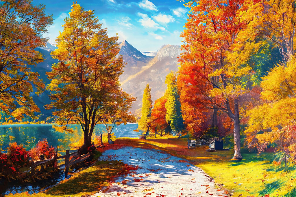 A path with trees and mountains in the background