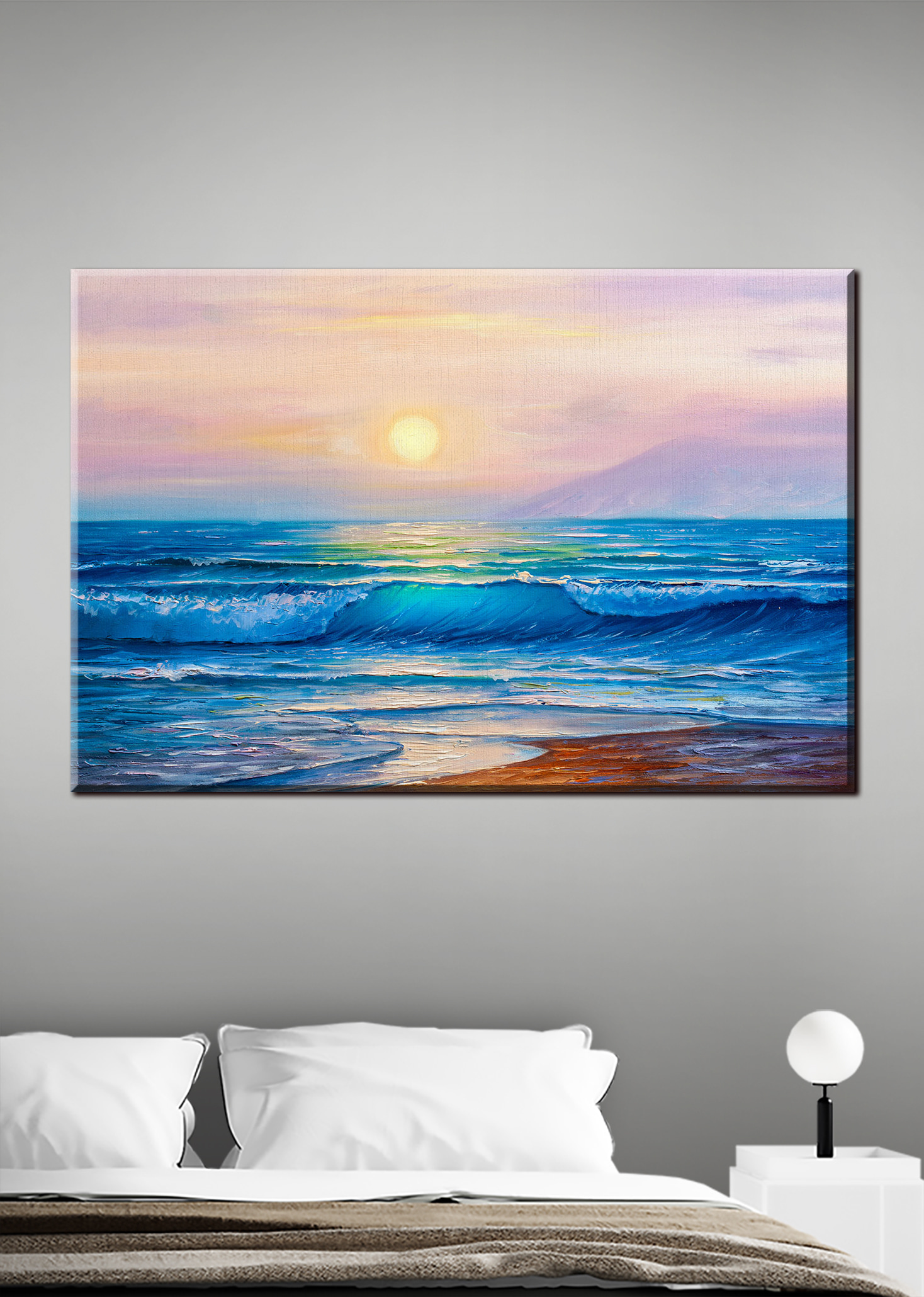 A painting of a beach with waves and a sunset