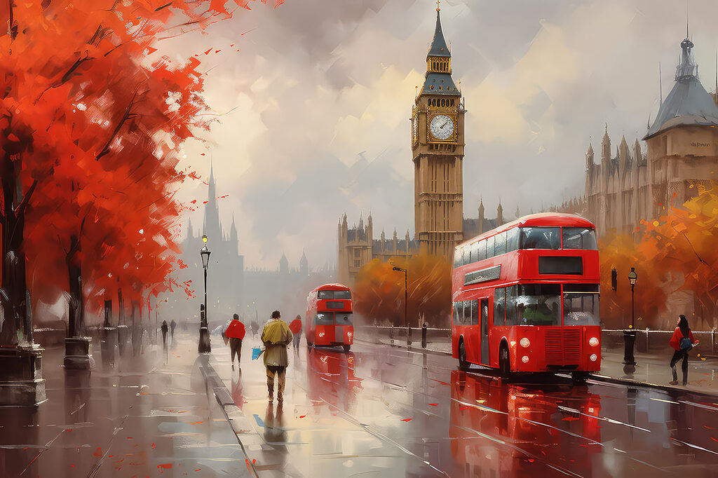 A painting of a city street with a clock tower and double decker bus
