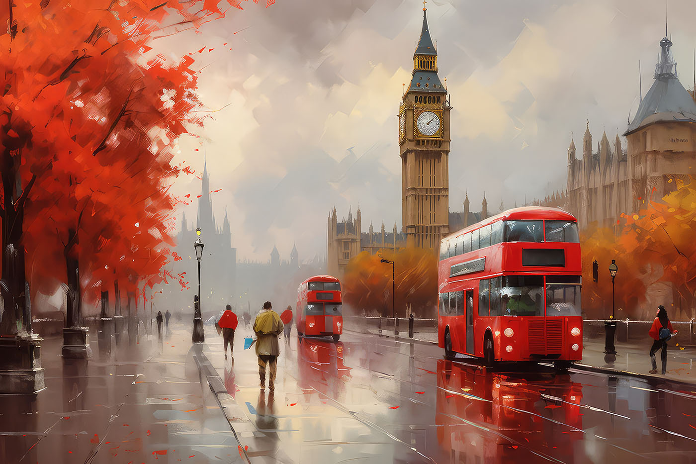 A painting of a city street with a clock tower and double decker bus