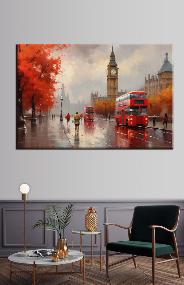 A painting of a city street with a clock tower and double decker bus