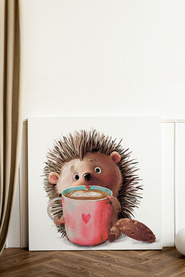 Cuadros Un erizo con una taza de café en la mano (SKU: s35039) Cuadros Cuadros Un erizo con una taza de café en la mano (SKU: s35039)