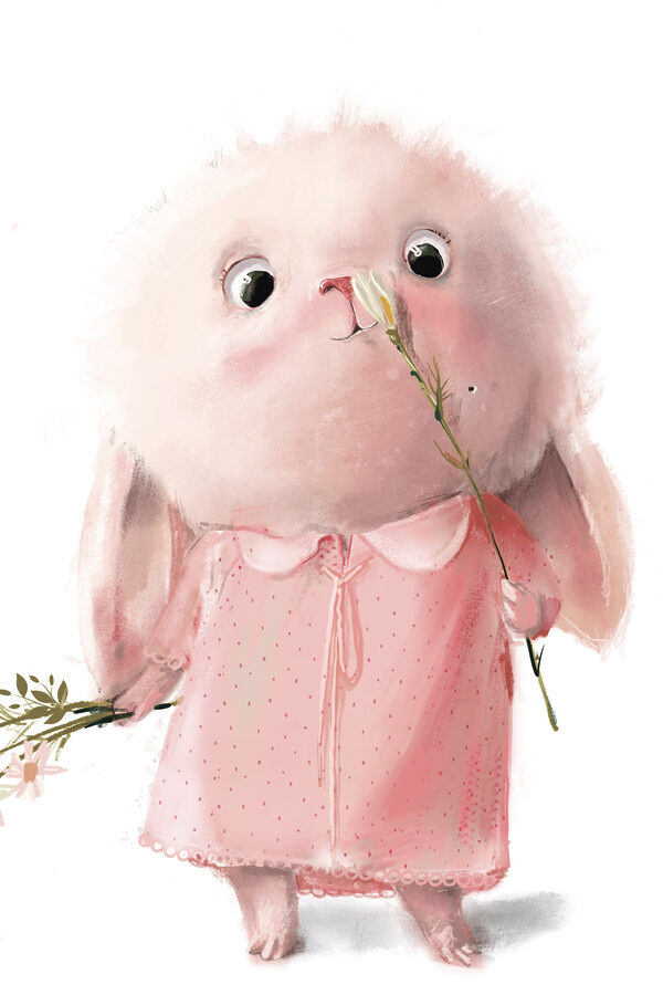 A cartoon of a pink bunny holding a flower