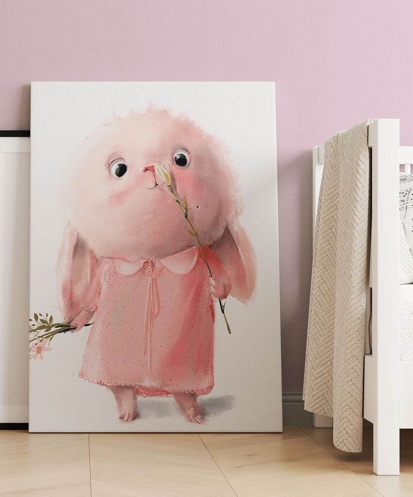 A cartoon of a pink bunny holding a flower