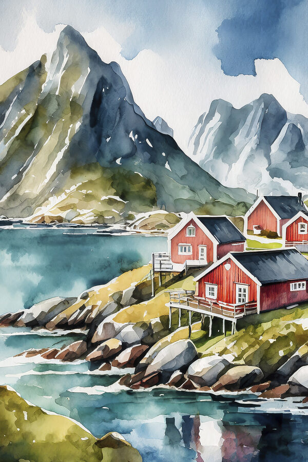 Watercolor painting of houses on a hill by a body of water