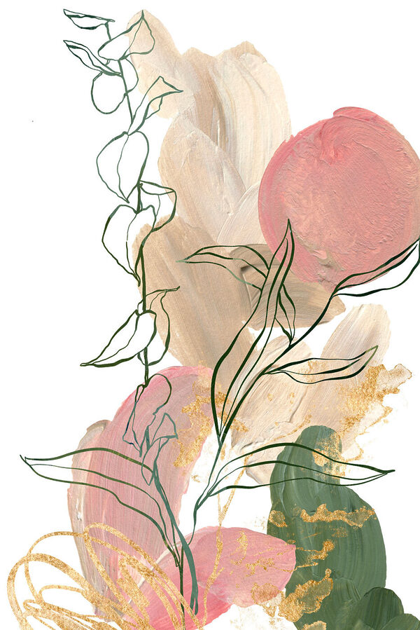 A painting of flowers and leaves