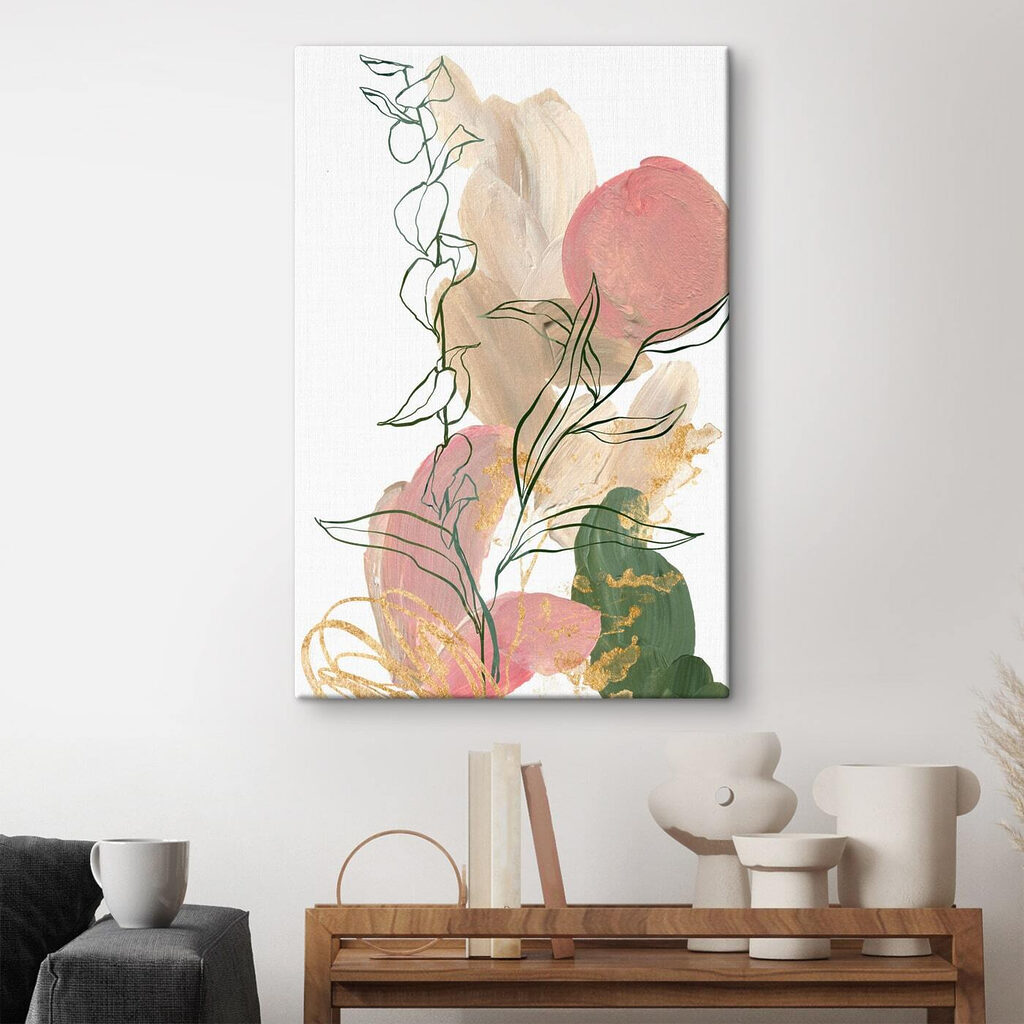 A painting of flowers and leaves