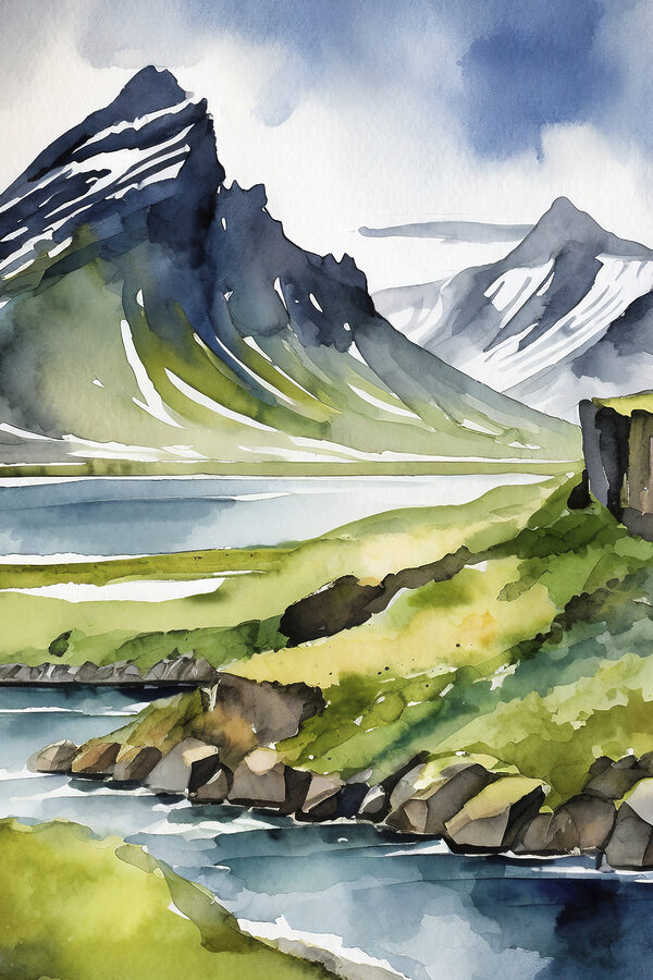 Watercolor painting of a mountain and lake
