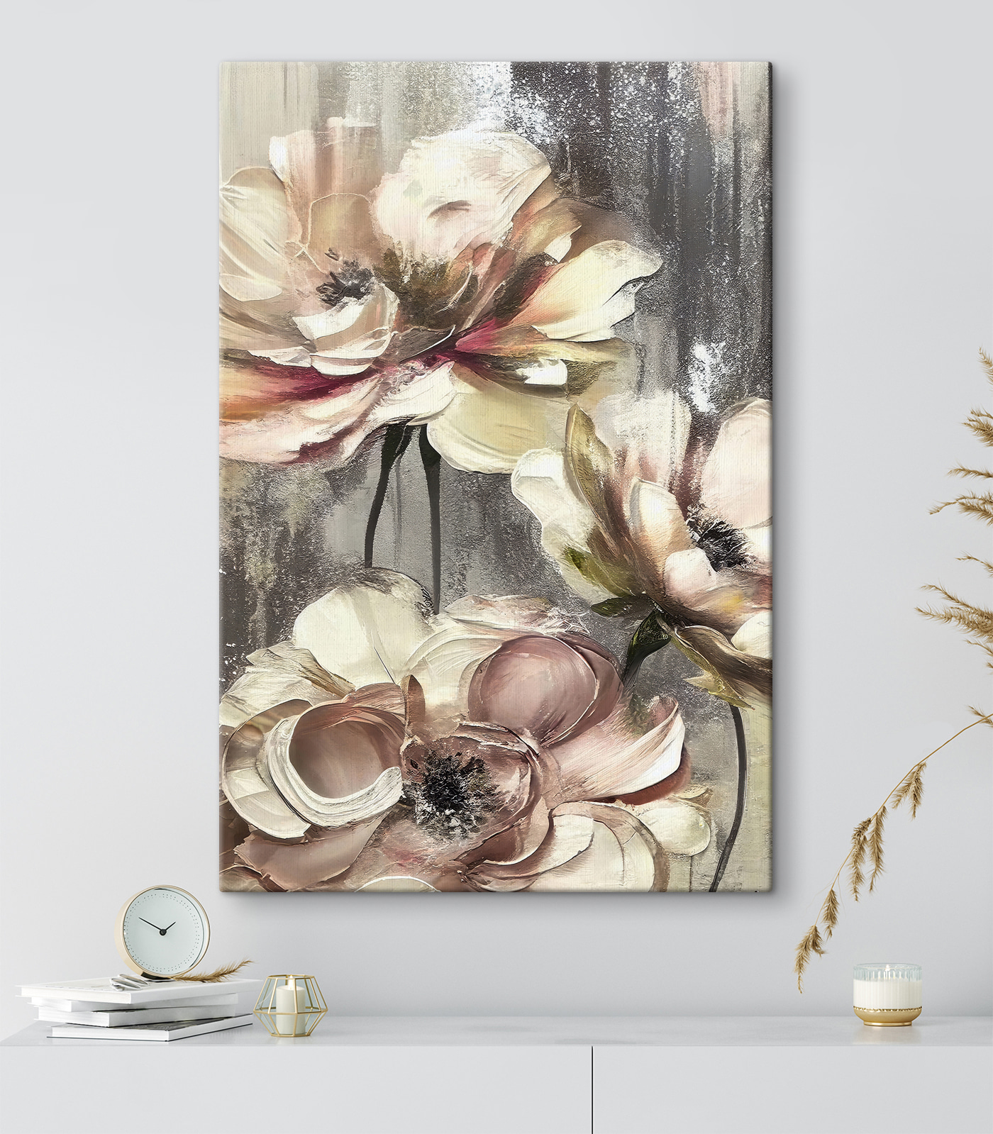 A painting of flowers on a grey background A painting of flowers on a grey background
