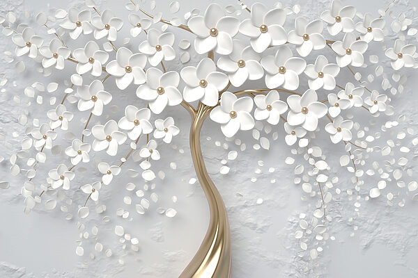 A tree with white flowers and leaves