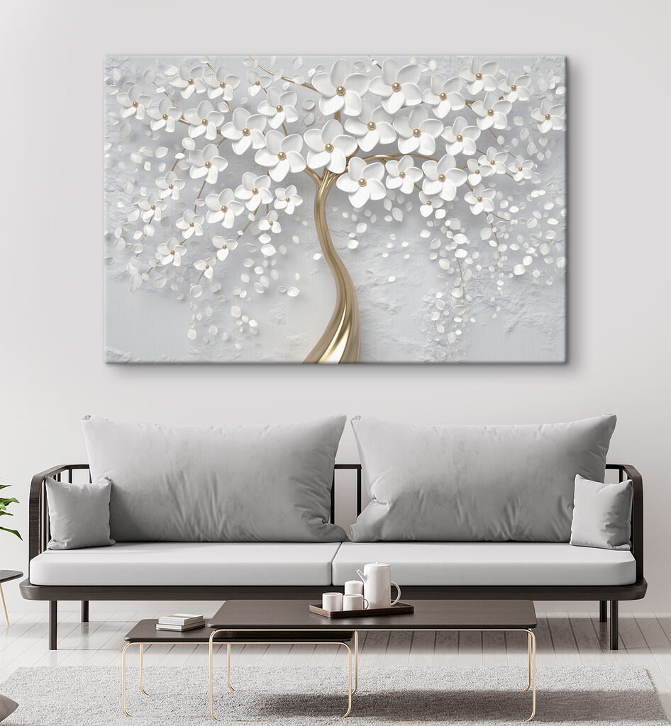 A tree with white flowers and leaves