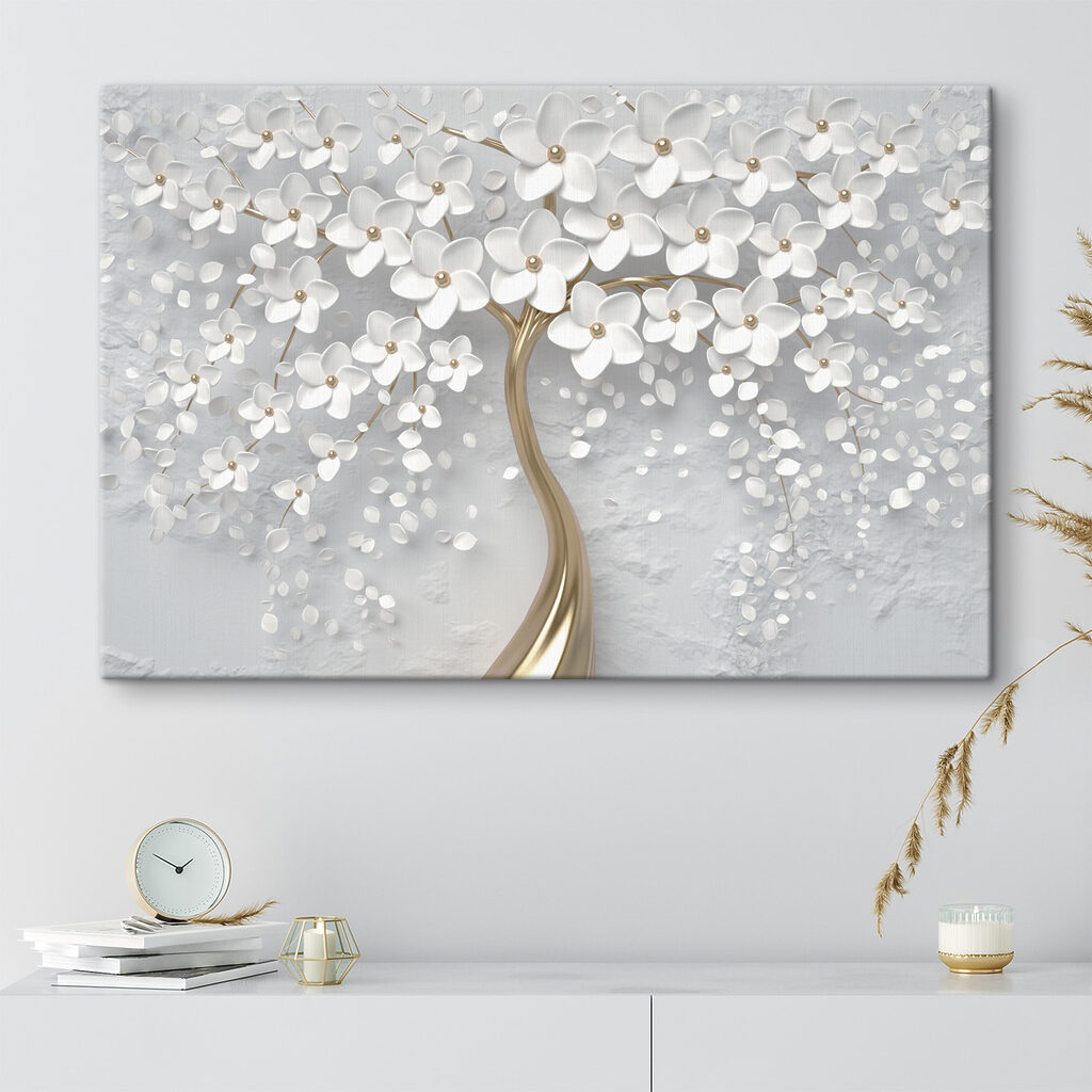 A tree with white flowers and leaves