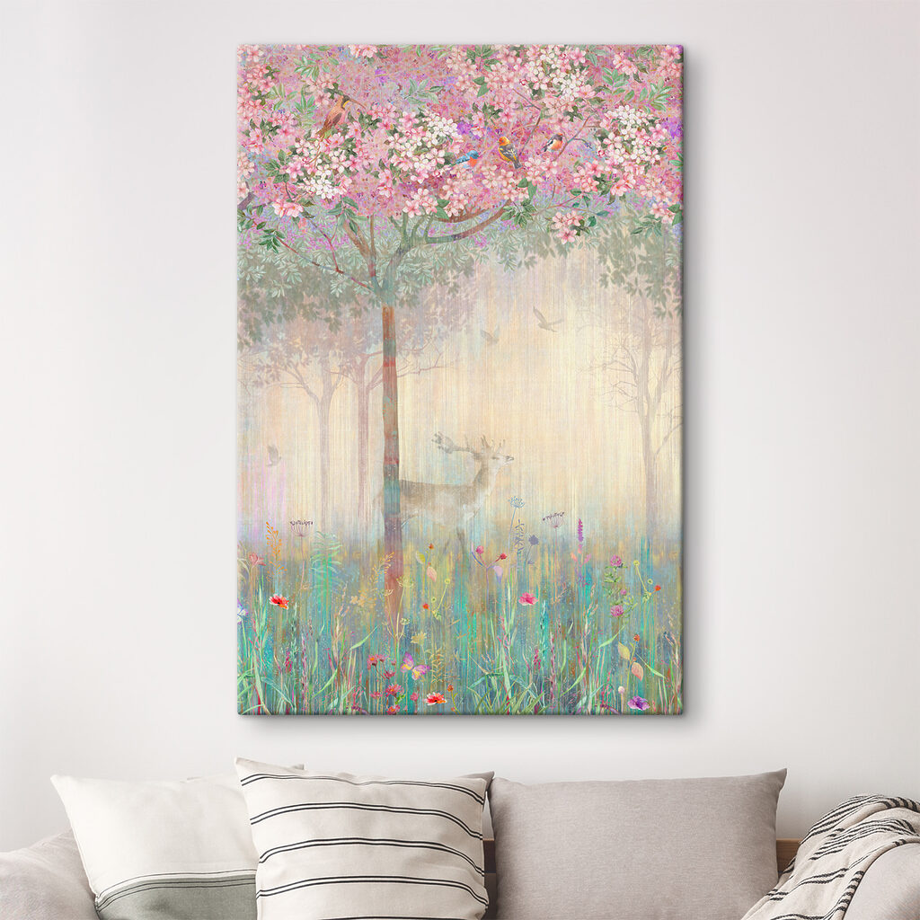 A painting of a deer in a field of flowers