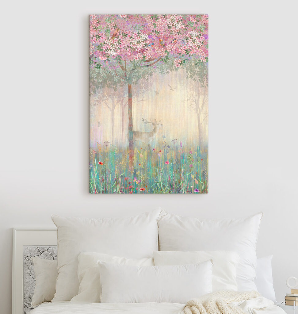 A painting of a deer in a field of flowers